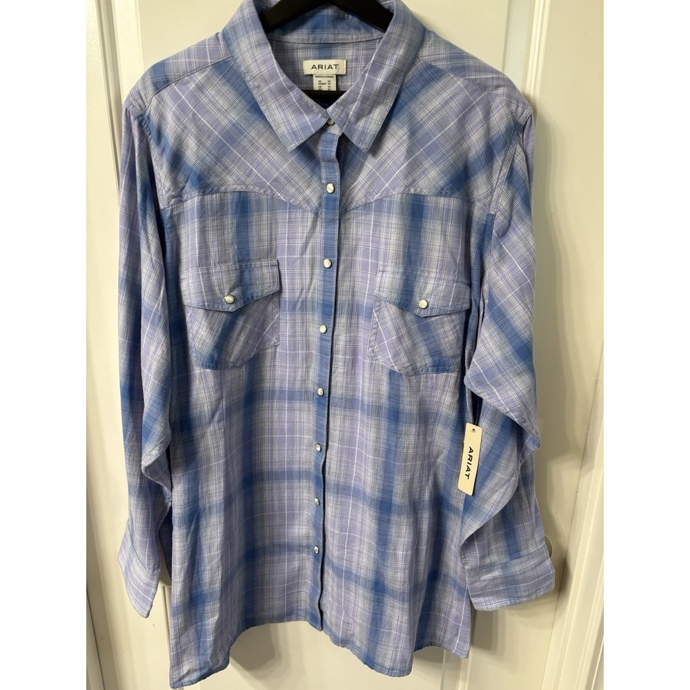 NWT Ariat Plus Size 3X Long Sleeve Button Down Plaid Sweet Lavender Pearl Snap
